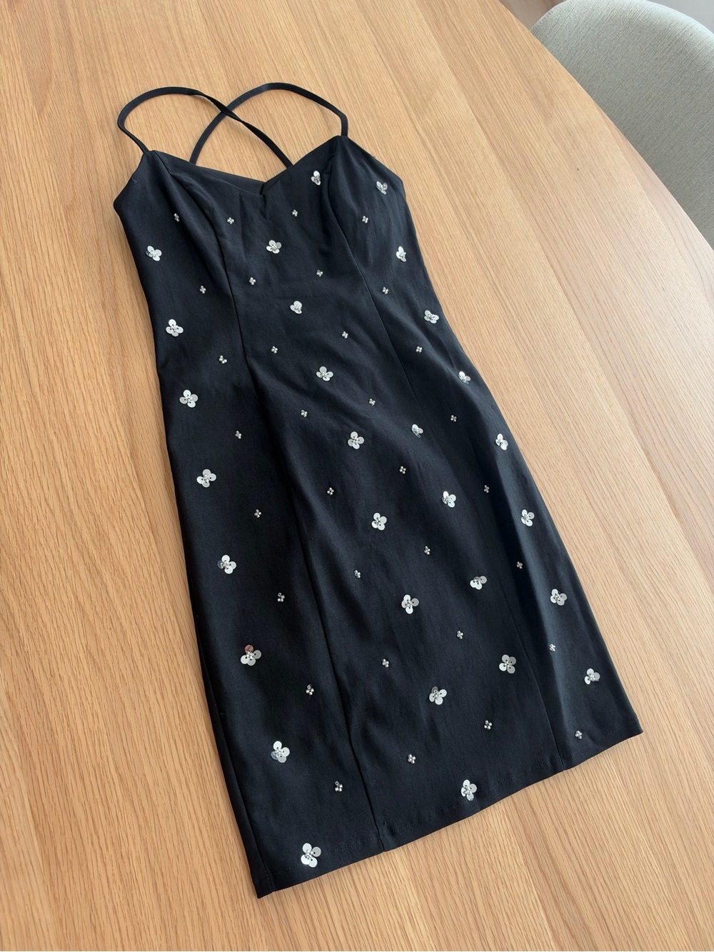 Crystal Doll Black Mini Dress with Silver Sequin Flowers